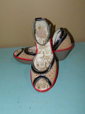 Fly London P500477017 Women's Ankle Strap Sandals Red White Wedges Size 40 9-9.5